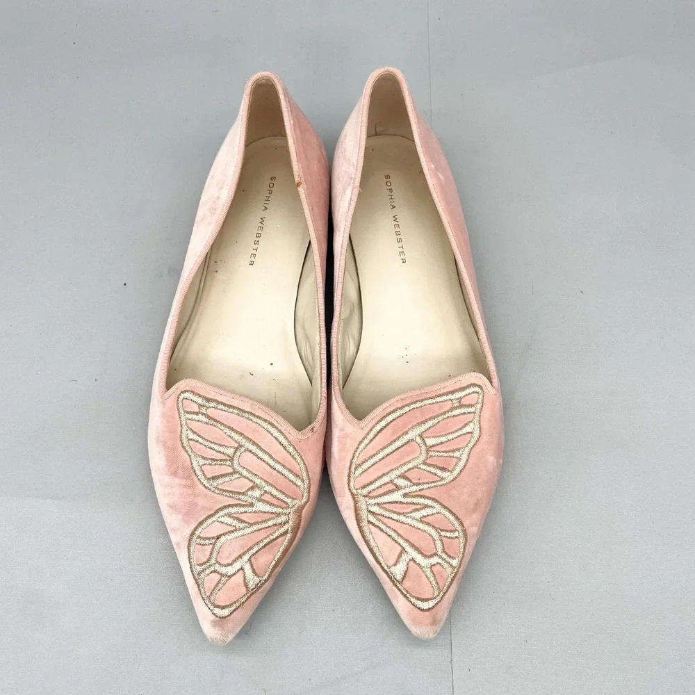 Sophia Webster Bibi Butterfly Pink Velvet Pointed Toe Ballet Flats Womens 39 8.5 - Picture 1 of 12